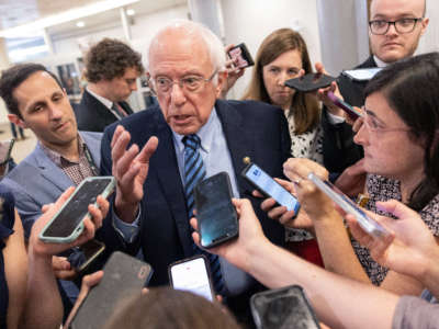 Sen. Bernie Sanders speaks to reporters about infrastructure legislation at the U.S. Capitol on July 14, 2021, in Washington, D.C.