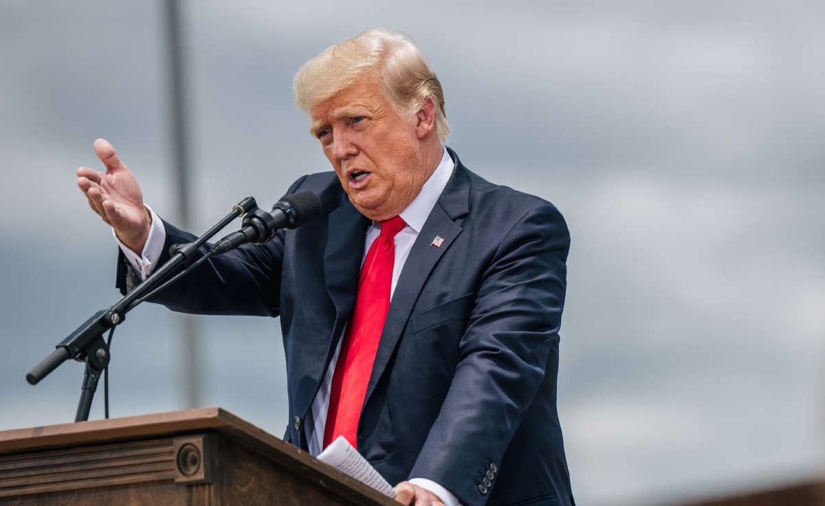 Former President Donald Trump speaks during a tour to an unfinished section of the border wall on June 30, 2021, in Pharr, Texas.