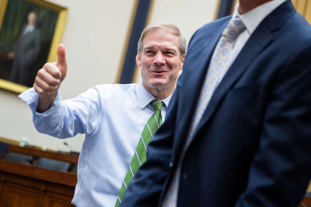 Ranking member Rep. Jim Jordan greets witnesses before a House Judiciary Committee hearing in Rayburn Building on June 30, 2021.