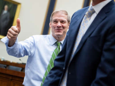 Ranking member Rep. Jim Jordan greets witnesses before a House Judiciary Committee hearing in Rayburn Building on June 30, 2021.