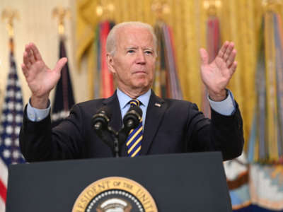 President Joe Biden speaks about the situation in Afghanistan from the East Room of the White House in Washington, D.C., on July 8, 2021.