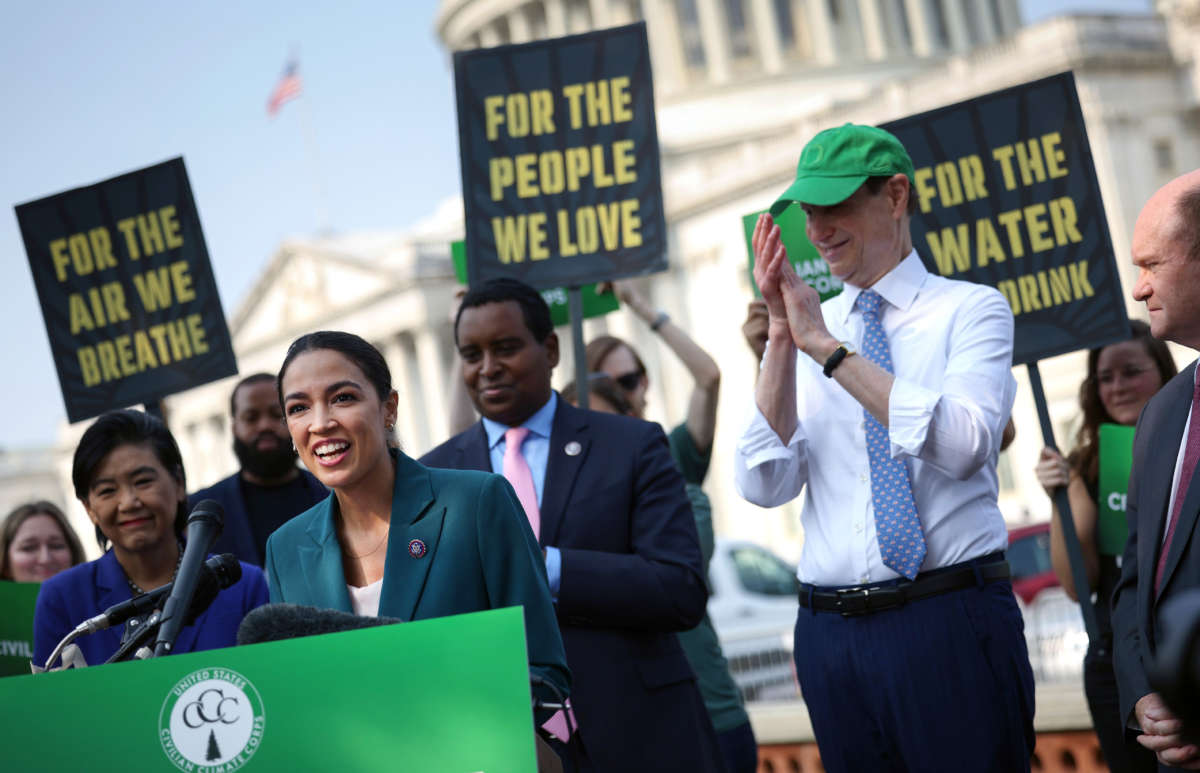 Rep. Alexandria Ocasio-Cortez speaks at a press conference urging the inclusion of the Civilian Climate Corps., a climate jobs program, in the budget reconciliation bill, outside of the U.S. Capitol on July 20, 2021, in Washington, D.C.