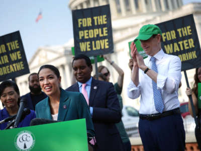 Rep. Alexandria Ocasio-Cortez speaks at a press conference urging the inclusion of the Civilian Climate Corps., a climate jobs program, in the budget reconciliation bill, outside of the U.S. Capitol on July 20, 2021, in Washington, D.C.