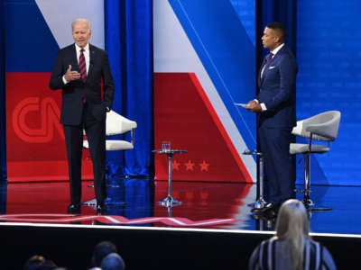 President Joe Biden participates in a CNN Town Hall hosted by Don Lemon, right, at Mount St. Joseph University in Cincinnati, Ohio, on July 21, 2021.