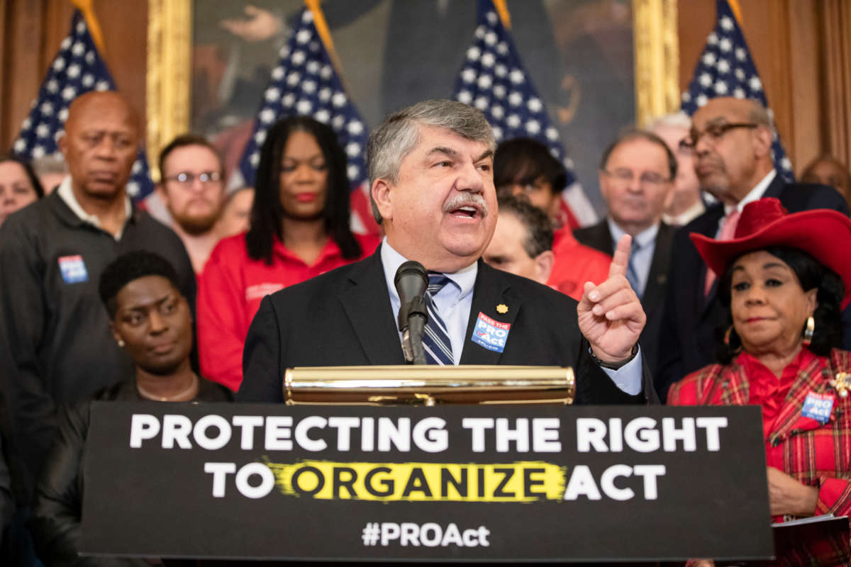 Richard Trumka, President of the American Federation of Labor and Congress of Industrial Organizations, speaks during a press conference advocating for the passage of the Protecting the Right to Organize (PRO) Act in the House of Representatives on Capitol Hill on February 5, 2020, in Washington, D.C.