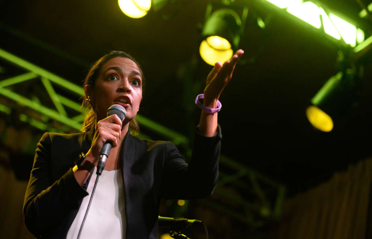 Rep. Alexandra Ocasio-Cortez speaks at a rally in support of Ohio Congressional Candidate Nina Turner on July 24, 2021, in Cleveland, Ohio.