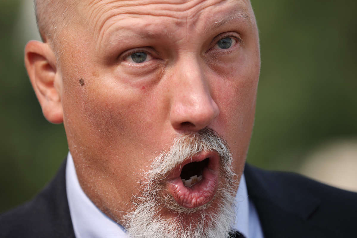 Rep. Chip Roy visits with supporters before a news conference outside the U.S. Capitol on July 21, 2021, in Washington, D.C.