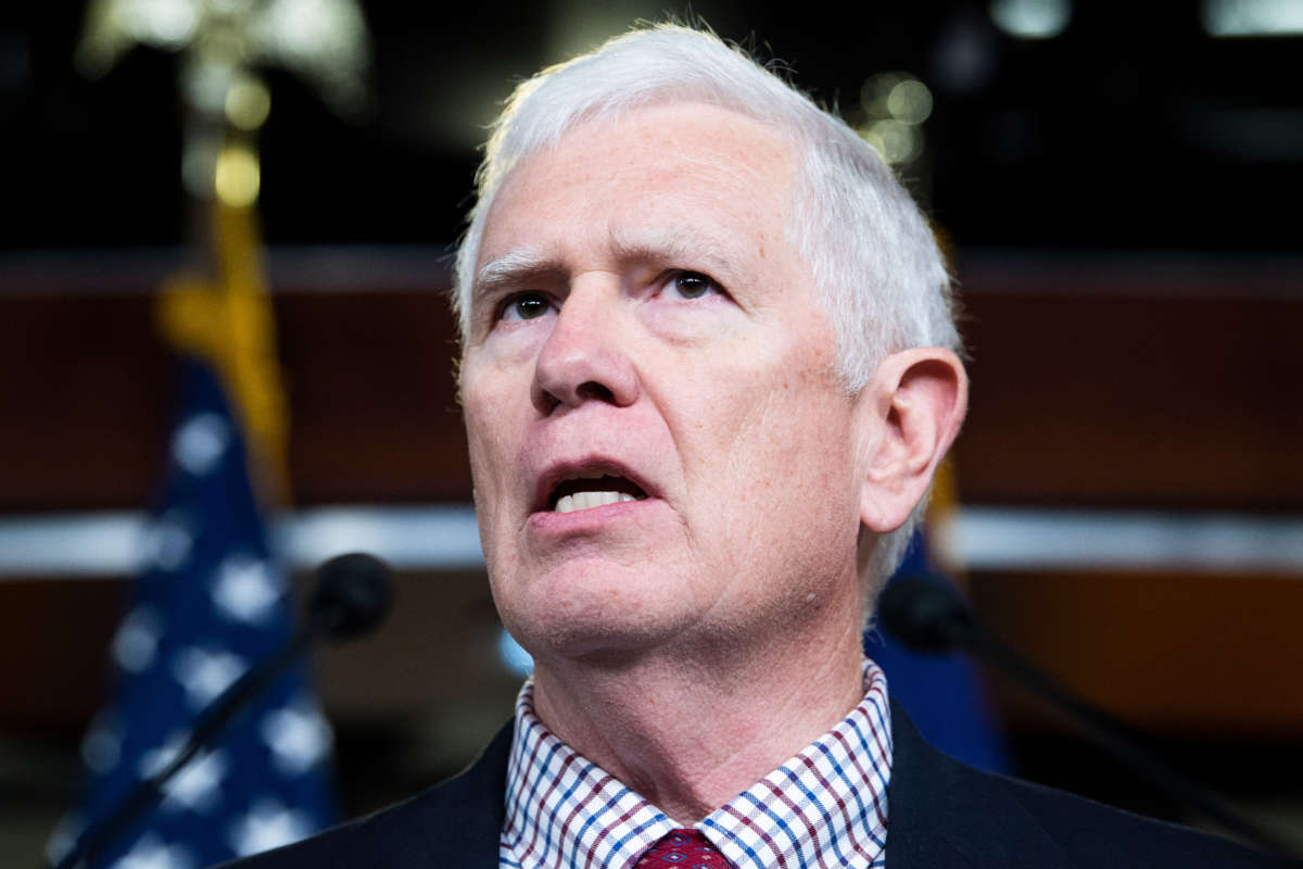 Rep. Mo Brooks conducts a news conference in the Capitol Visitor Center on June 15, 2021.