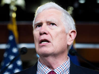 Rep. Mo Brooks conducts a news conference in the Capitol Visitor Center on June 15, 2021.