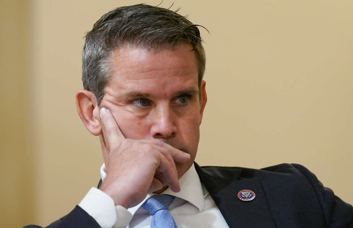 Rep. Adam Kinzinger listens during the House Select Committee investigating the January 6 attack on the U.S. Capitol, on July 27, 2021, at the Cannon House Office Building in Washington, D.C.