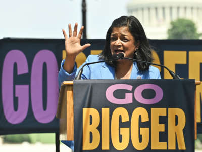 Rep. Pramila Jayapal speaks at a "Go Bigger on Climate, Care, and Justice!" event on July 20, 2021, in Washington, D.C.