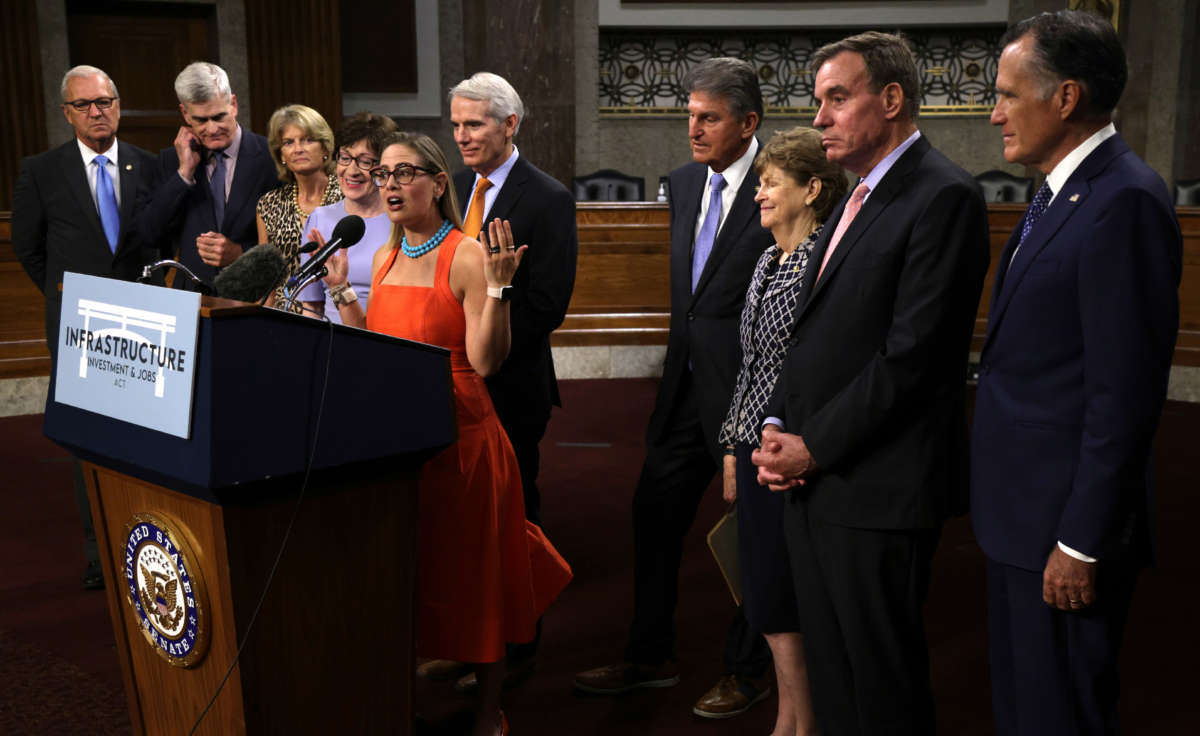 Sen. Kyrsten Sinema speaks during a news conference after a procedural vote for the bipartisan infrastructure framework at Dirksen Senate Office Building on July 28, 2021, on Capitol Hill in Washington, D.C.