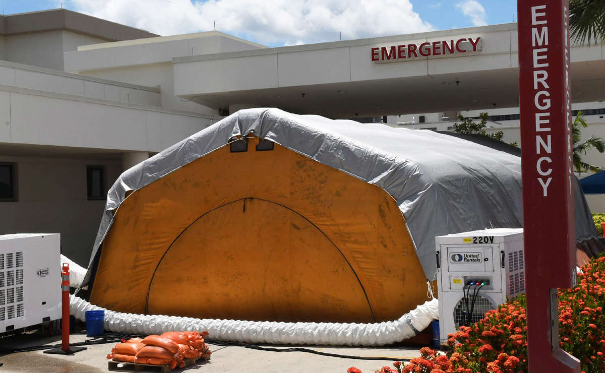 A treatment tent is seen outside the emergency department at Holmes Regional Medical Center in Melbourne., Florida, on July 29, 2021.