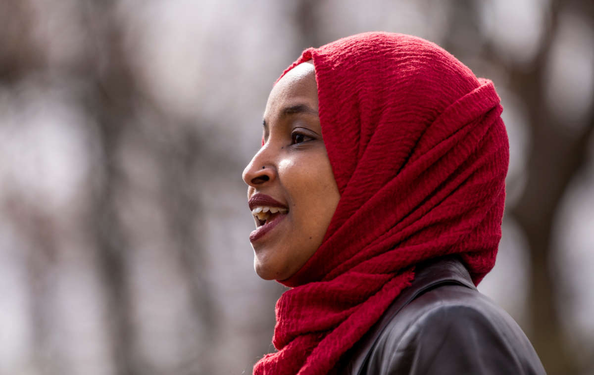 Rep. Ilhan Omar speaks during a press conference at a memorial for Daunte Wright on April 20, 2021, in Brooklyn Center, Minnesota.