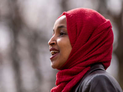 Rep. Ilhan Omar speaks during a press conference at a memorial for Daunte Wright on April 20, 2021, in Brooklyn Center, Minnesota.