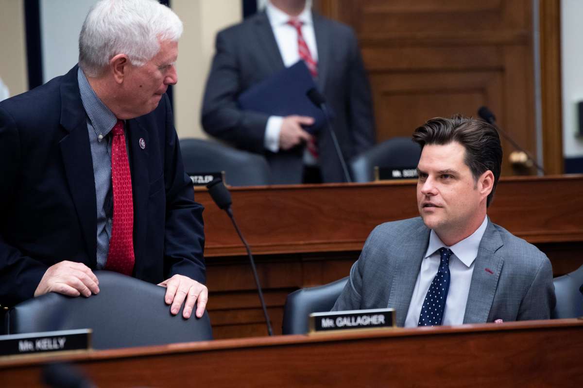 Rep. Matt Gaetz (R-Florida) right, and Rep. Mo Brooks (R-Alabama) talk on Wednesday, June 23, 2021.