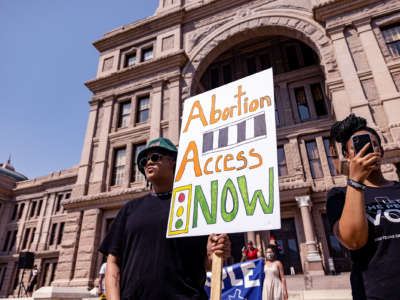 A protester displays a sign reading "ABORTION ACCESS NOW" during an action