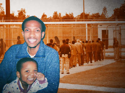 A photo of a man holding his son is superimposed on another photo of people in prison uniforms lining up to be detained.