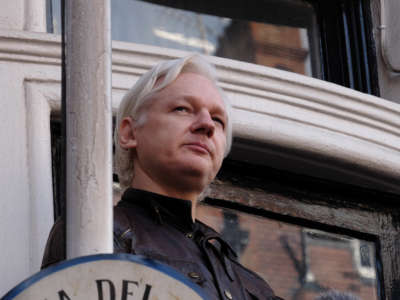 Julian Assange speaks to the media from the balcony of the Embassy Of Ecuador on May 19, 2017, in London, England.