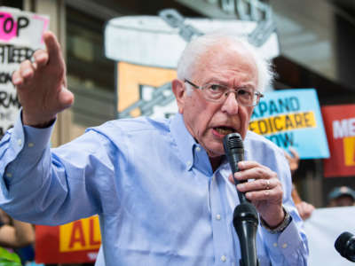 Sen. Bernie Sanders speaks during a rally in front of PhRMAs Washington office to protest high prescription drug prices on September 21, 2021.