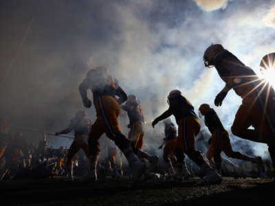 The California Golden Bears run out on to the field for their game against the UCLA Bruins at California Memorial Stadium on October 13, 2018, in Berkeley, California.