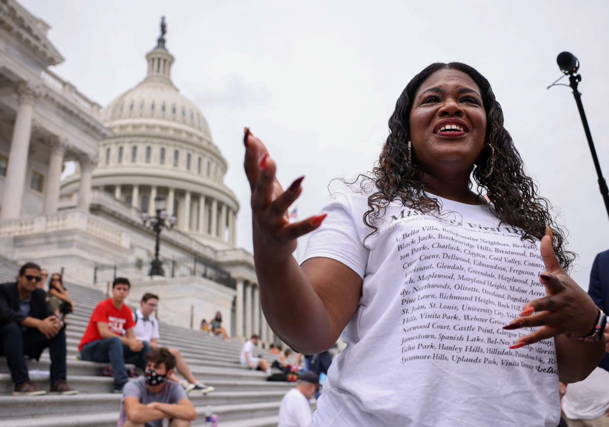 Rep. Cori Bush speaks about the end of the eviction moratorium at the U.S. Capitol on August 3, 2021, in Washington, D.C.