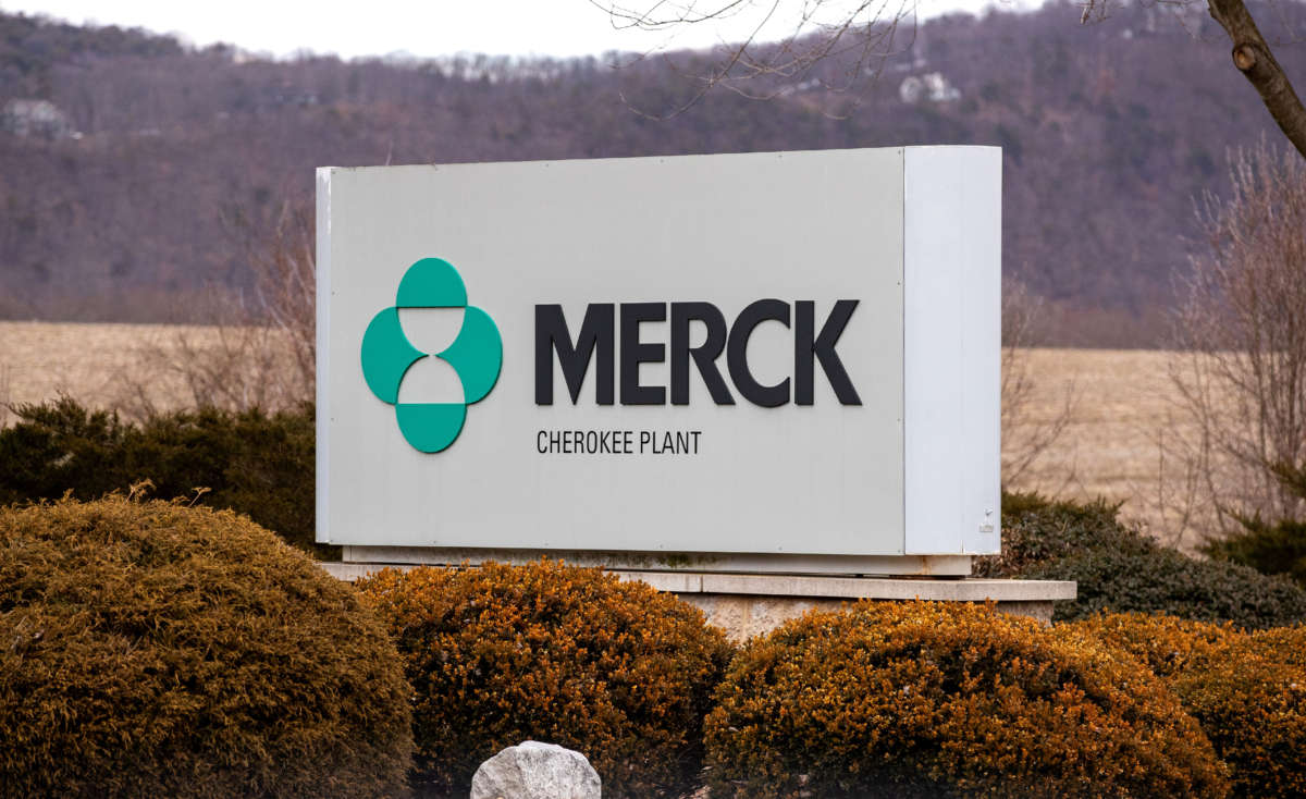 A signage seen outside Merck Cherokee Plant in Riverside, Pennsylvania, on March 4, 2021.