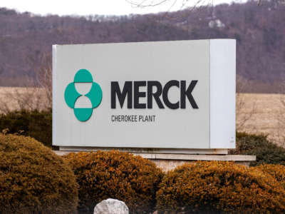 A signage seen outside Merck Cherokee Plant in Riverside, Pennsylvania, on March 4, 2021.