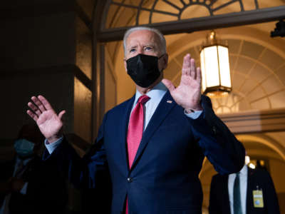 President Joe Biden addresses the media after a meeting of the House Democratic Caucus on the infrastructure bill in the U.S. Capitol on October 1, 2021.