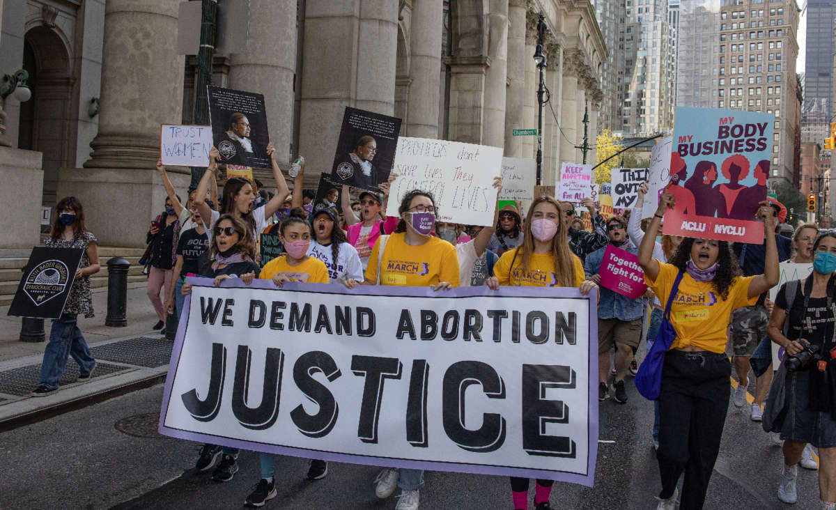 Several thousand New Yorkers gather to demand legal access to abortions on October 2, 2021, in Foley Square, New York City, as part of national demonstrations against a restrictive abortion law passed in Texas.