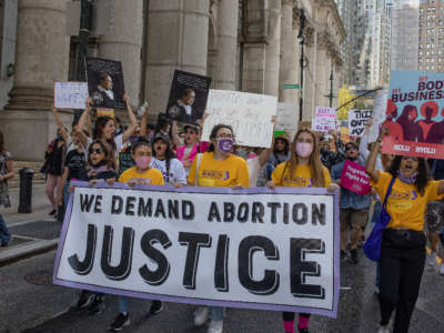 Several thousand New Yorkers gather to demand legal access to abortions on October 2, 2021, in Foley Square, New York City, as part of national demonstrations against a restrictive abortion law passed in Texas.