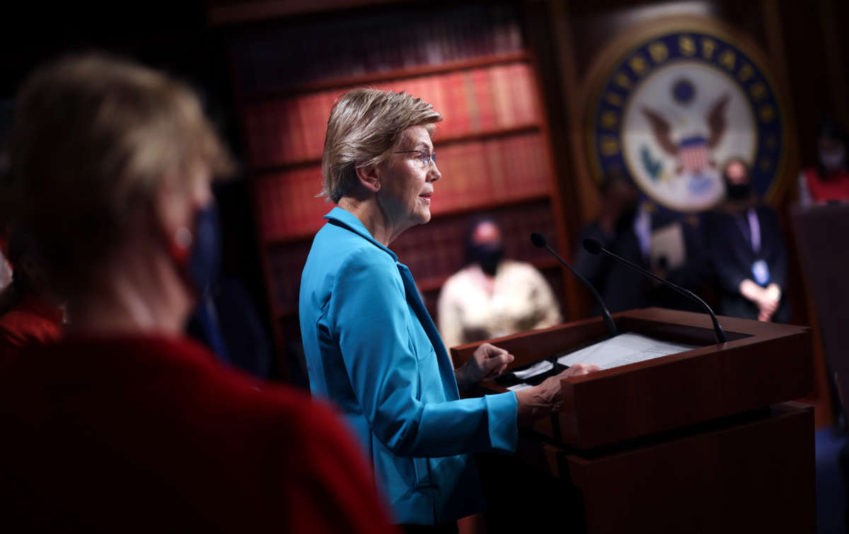 Sen. Elizabeth Warren speaks during a press conference with fellow lawmakers at the U.S. Capitol on September 23, 2021, in Washington, D.C.