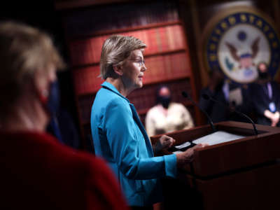 Sen. Elizabeth Warren speaks during a press conference with fellow lawmakers at the U.S. Capitol on September 23, 2021, in Washington, D.C.