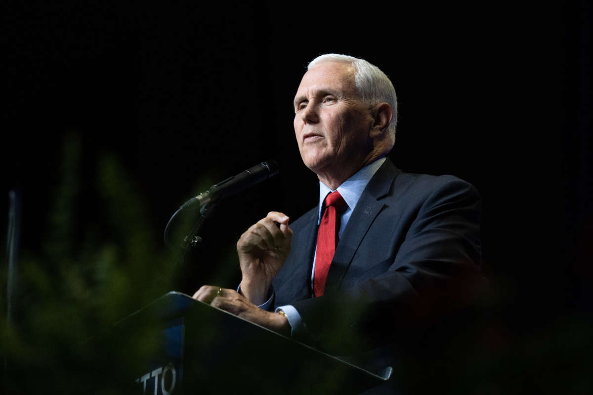 Former Vice President Mike Pence speaks to a crowd during an event sponsored by the Palmetto Family organization on April 29, 2021, in Columbia, South Carolina.