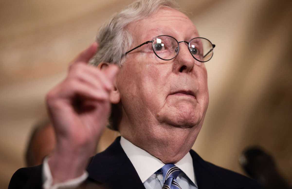 Senate Minority Leader Mitch McConnell addresses reporters following a weekly Republican policy luncheon at the U.S. Capitol on October 5, 2021, in Washington, D.C.