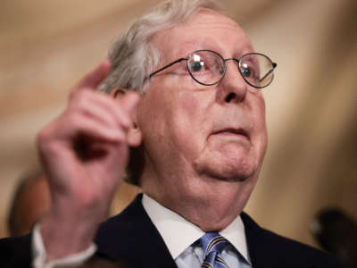 Senate Minority Leader Mitch McConnell addresses reporters following a weekly Republican policy luncheon at the U.S. Capitol on October 5, 2021, in Washington, D.C.