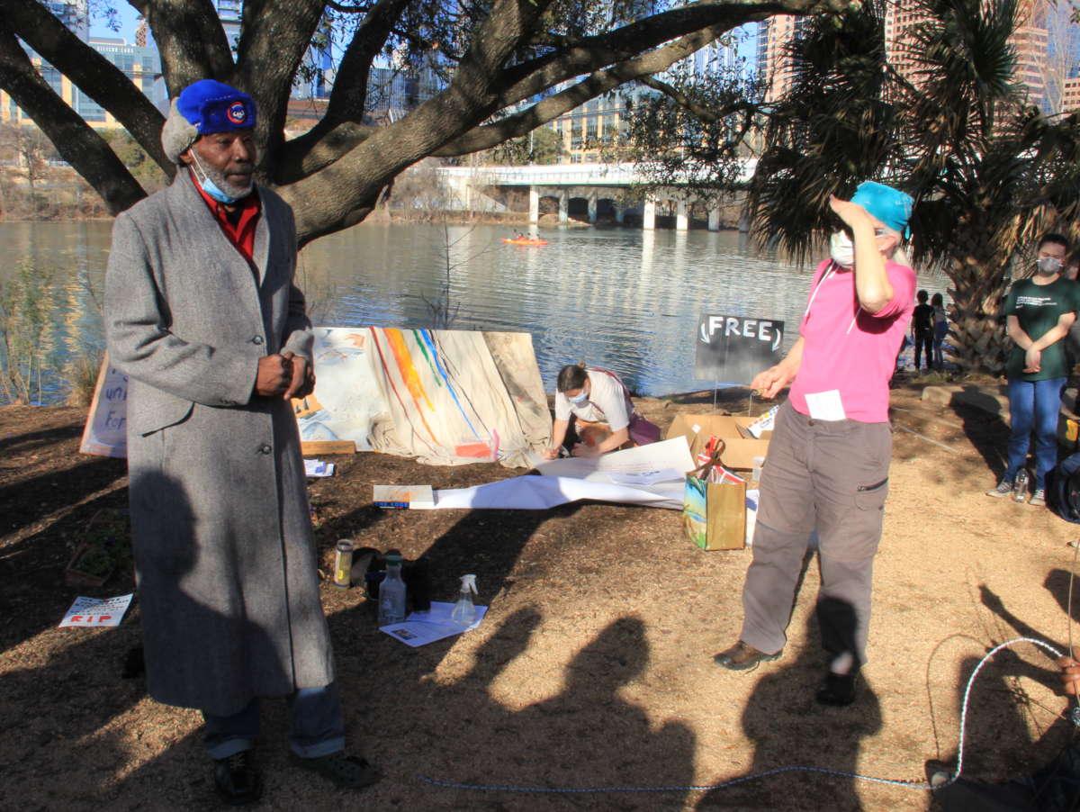 Unhoused veteran Robert Lott speaks during a vigil for unhoused people who lost their lives during last week’s winter storm, on February 21, 2021, in Austin, Texas.