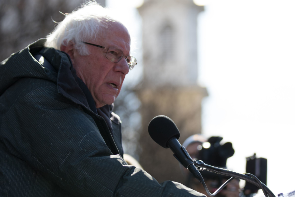 Sen. Bernie Sanders speaks during a rally in Washington, DC, to save the Department of Veterans Affairs on February 13, 2018.