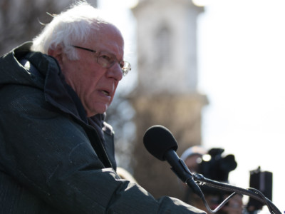 Sen. Bernie Sanders speaks during a rally in Washington, DC, to save the Department of Veterans Affairs on February 13, 2018.