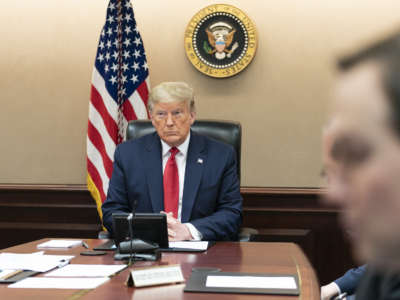 President Donald Trump participates in a governors’ video teleconference on partnership to prepare, mitigate and respond to COVID-19 on March 26, 2020, in the White House Situation Room.
