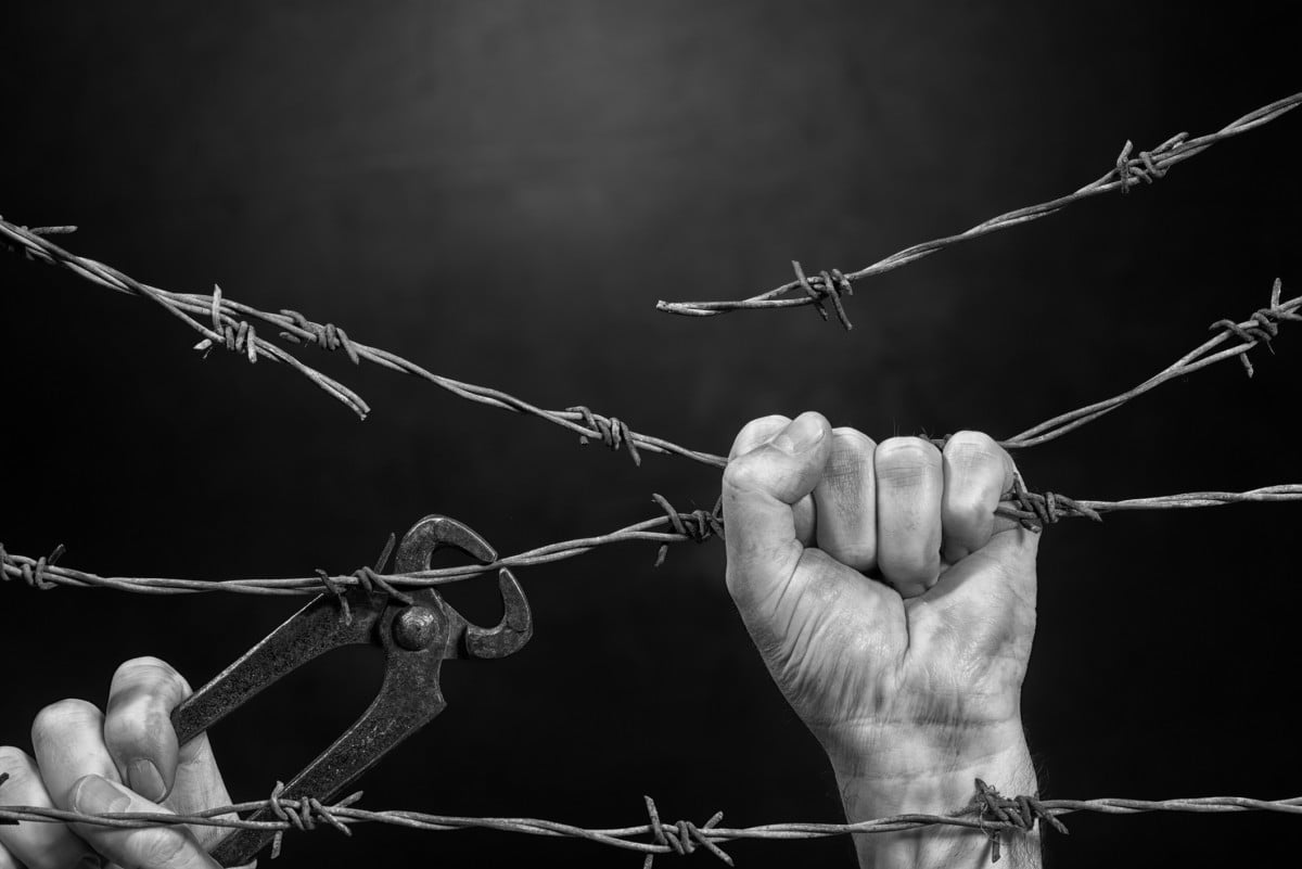 Man is Cutting a Fence of Barbed Wire