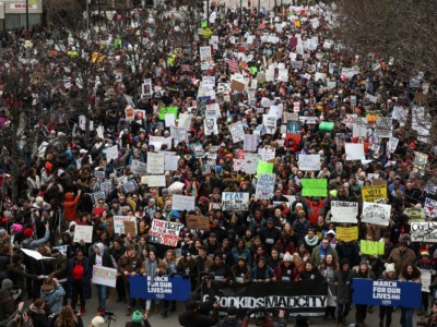 People march after gathering at Union Park to take part in the March for Our Lives protest against gun violence in the country on March 24, 2018, in Chicago, Illinois.