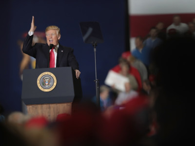 Donald Trump speaks to supporters during a campaign rally on April 28, 2018 in Washington, Michigan.