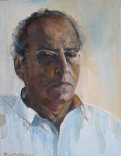 An oil oainting of a man wearing glasses