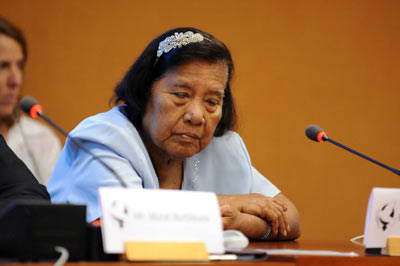 Mrs. Lemeyo Abon, retired teacher and Marshallese elder, giving testimony on her experiences with nuclear fallout on Rongelap, radiation exposure, and the many consequences in terms of individual, family and community health from the US denial that miscarriages, sterility, and congenital birth defects are the result of these exposures. Remarks given at the NGO panel 