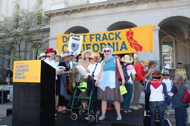 Raging Grannies rocked the crowd at the anti-fracking march in Sacramento on March 15. (Photo by Dan Bacher)