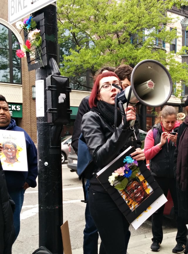 Protestor Brit Schulte recounts the story of Rekia Boyd, whose acquitted killer, detective Dante Servin, was recently defended by Garry McCarthy. (Photo: Kelly Hayes)