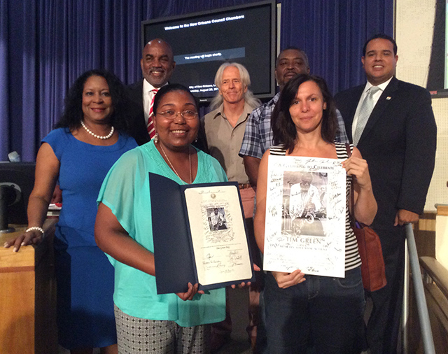 New Orleans City Council members Nadine Ramsey, James Gray and Jared Brossett join with friends of Tim Green’s to memorialize the beloved musician. (Photo: Don Paul)