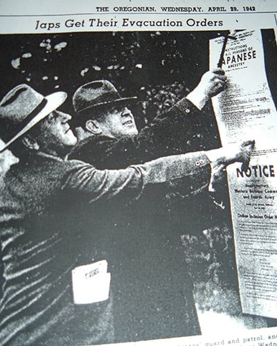 This image is taken directly from the pages of The Oregonian on April 29, 1942, showing officials from the previous day posting signs from the United States War Relocation Authority throughout Portland ordering all individuals of Japanese descent to report to the Portland Assembly Center (concentration camp) within seven days, according to a website exhibit of the Oregon Nikkei Legacy Center. At the time, The Oregonian ran almost daily updates on evacuation information, instructions, photos and commentary.