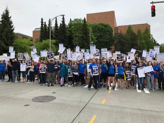 University of Washington Academic student employees represented by Union Auto Workers Local 4121 striking on May 15, 2018.